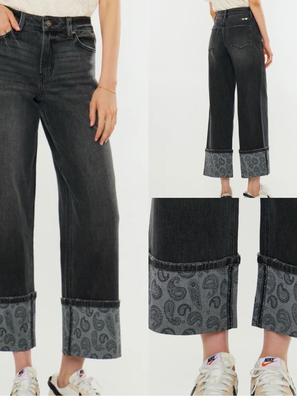 KanCan Black High-Rise Cropped Wide Leg Jeans with Paisley Cuff